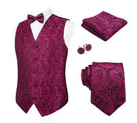 Alizeal Mens Waistcoat Necktie Hanky Cufflinks and Bow Tie Set Paisley Classic 5pc Set, Black+ Hot Pink-L
