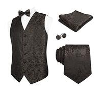 Alizeal Mens Waistcoat Necktie Hanky Cufflinks and Bow Tie Set Paisley Classic 5pc Set, Coffee-M