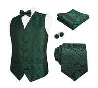 Alizeal Mens Waistcoat Necktie Hanky Cufflinks and Bow Tie Set Paisley Classic 5pc Set, Dark Green-L