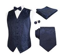 Alizeal Mens Waistcoat Necktie Hanky Cufflinks and Bow Tie Set Paisley Classic 5pc Set, Dark Navy-M