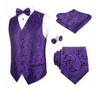 Alizeal Mens Waistcoat Necktie Hanky Cufflinks and Bow Tie Set Paisley Classic 5pc Set, Dark Purple-S