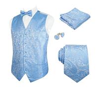 Alizeal Mens Waistcoat Necktie Hanky Cufflinks and Bow Tie Set Paisley Classic 5pc Set, Light Blue-S