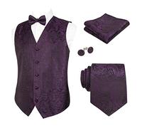 Alizeal Mens Waistcoat Necktie Hanky Cufflinks and Bow Tie Set Paisley Classic 5pc Set, Plum Purple-S