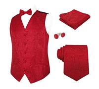 Alizeal Mens Waistcoat Necktie Hanky Cufflinks and Bow Tie Set Paisley Classic 5pc Set, Red-M