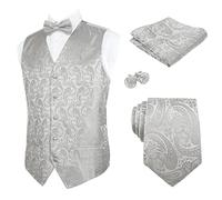 Alizeal Mens Waistcoat Necktie Hanky Cufflinks and Bow Tie Set Paisley Classic 5pc Set, Silver-3XL