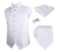 Alizeal Mens Waistcoat Necktie Hanky Cufflinks and Bow Tie Set Paisley Classic 5pc Set, White-L