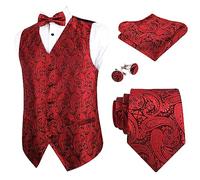 Alizeal Mens Waistcoat Necktie Hanky Cufflinks and Bow Tie Set Paisley Classic 5pc Set, Wine Red-XL