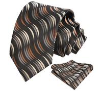 Alizeal Mens Wavy Stripes Necktie Novelty Multicolor Modern Party Porm Tie and Pocket Square Set, Black+Gray+Brown