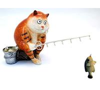 Aljec Ceramic Glazed Ginger Fat Cat Waiting for Fish Ornament Figurine for Cat Lovers