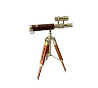 Aljiwar Brass Antique Telescope with Brown Leather & Wooden Tripod - Vintage Marine Royal Spyglass for Educational Use, Home & Office Nautical Beautiful On Wooden Tripod Stand