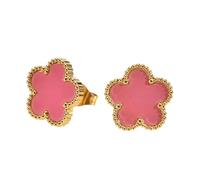 ALKAHF TRINKETS 14K Gold Plated Clover Stud Earrings for Women, Stainless Steel, Hypoallergenic, Non-Tarnish, 13mm (Pink)