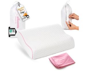 Alkamto Travel Pillow-Camping Pillow-Orthopedic Neck Support Memory Foam Pillow with Temperature Regulating Pillowcase-Extra Cotton Cover-Carry Bag-Small pillow for travel by car,plane,train and hotel
