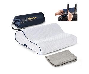 alkamto Travel Pillow - Ergonomic Neck Support Memory Foam with Temperature-Regulating Pillowcase - Includes Extra Cotton Cover and Carry Bag (13.7 x 11.8 x 3.9/3,14 In - White + Extra Cover)