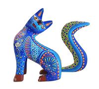 ALKIMIA INC Mexican Alebrije Charming Cat Wood Carving Handcrafted Sculpture (Blue)