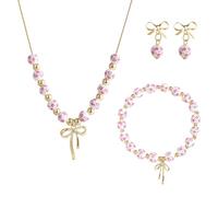 Alksubbm Elegant Ceramic Bowknot Bead Jewelry Set for Women Classical Blue and White China Pattern Necklace Ear Accessory Blue White Necklace