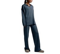 AlkYutd Women's 2 Pieces Knitted Tracksuit V-Neck Pullover Tops and Wide-Leg Pants Set Haze Blue-S