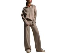 AlkYutd Women's 2 Pieces Knitted Tracksuit V-Neck Pullover Tops and Wide-Leg Pants Set khaki-M