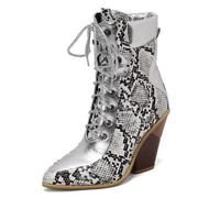 AlkYutd Women's Elegant Pointed Toe Ankle Boots 9.5cm Block Heel Lace-Up Fashion Booties, White Serpentine Pattern, 7.5 UK