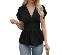AlkYutd Women's Summer Solid Color Cap Sleeve Peplum Blouse V Neck Empire Waist Tops, Black, L