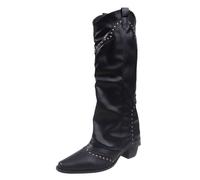 AlkYutd Women's Vintage Rivets Fold Over Boots Under the Knee Slip-On Shark Boots, Black, 1.5 UK