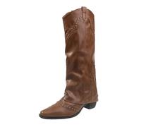 AlkYutd Women's Vintage Rivets Fold Over Boots Under the Knee Slip-On Shark Boots, Brown, 5 UK