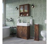 (All 3 Piece - Rustic Brown) Under Sink Cupboard Mirror Unit WC Paper Dispenser