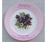 All About Names Personalised 50th Birthday Gift - Bone China Plate With Pansies Design - Pink Rim