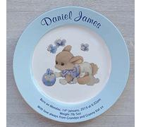 All About Names Personalised Baby Birth Plate - Blue Sleepytime Design on a Plate with a Blue Rim