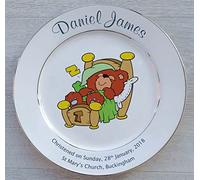 All About Names Personalised Christening Plate - Bear in Bed Design on a Plate with 2 Platinum Bands