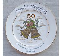 All About Names Personalised Golden Wedding Anniversary plate with 2 gold bands - Bells + 50 design