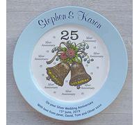 All About Names Personalised Silver Wedding Anniversary Plate with a blue rim - Bells + 25 design