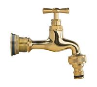 All Brass Solid Metal Water Tank Replacement Outlet & Adapter for 3/4” BSP Tanks with Quick Hosepipe Connector Bib Tap, Outdoor Rated Corrosion & Rust Resistant, Traditional Polished Union Tap + PTFE