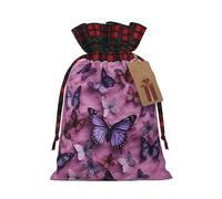 All butterflies are on purple background Christmas Gift Bags with Tags & Ribbon Ties, Buffalo Plaid Santa Sack Xmas Treat Pouch Party Favor Bags Drawstring Christmas Sacks for Holiday Presents Storage