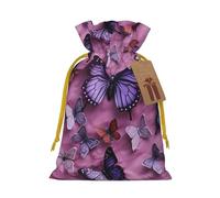 All butterflies are on purple background Christmas Gift Bags with Tags & Ribbon Ties, Personalized Santa Sack Xmas Treat Pouch Party Favor Bags Drawstring Christmas Sacks for Holiday Presents Storage