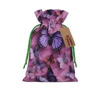 All butterflies are on purple background Christmas Gift Bags with Tags & Ribbon Ties, Personalized Santa Sack Xmas Treat Pouch Party Favor Bags Drawstring Christmas Sacks for Holiday Presents Storage