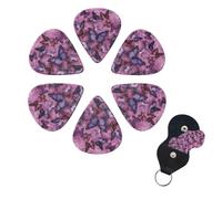 All butterflies are on purple background Guitar Picks 6 Pack, 0.71mm Thickness Celluloid Bass Pick with Leather Guitar Pick Holder Keychain Abstract Art Pics Plectrum for Acoustic Electric Guitar