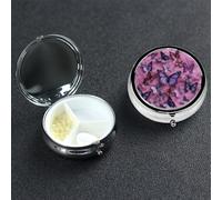 All Butterflies are on Purple Background Pill Box with Mirror 3 Compartment Decorative Pill Case for Purse or Pocket Small Round Pill Organizer Weekly Metal Medicine Tablet Vitamin Holder Travel Gift