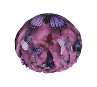 All butterflies are on purple background Shower Cap for Women Men, Adjustable Reusable Shower Bonnet Double Layer Waterproof Bath Caps, EVA Lining, Elastic Band Hair Cap for All Hair Lengths