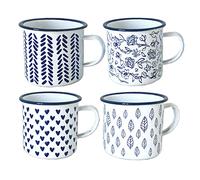All Chic Enamel Mug Set of 4 Coffee Mug Tea Cup Camping Mug Tin Mugs Enamel Travel Mug Coffee Set Featuring a Blue Floral, Leaf and Heart Design