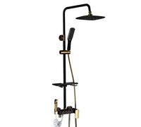 All-Copper Black And Gold Button Four Gang Square System, Household Retro Sprinkler Set, Amatur Column Rainfall Shower With Bathroom Shelf