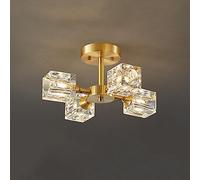 All Copper Crystal LED Ceiling Lamp Round Mid-Century 4 Light Gold Semi Flush Mount Fixture Brushed Brass With Clear Glass Shade Chandelier