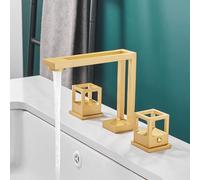 All Copper Openwork Square Basin Three-Hole Single Handle Hot and Cold Basin White Faucet, Gold