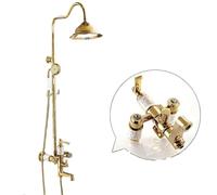 All Copper Shower Set 3 Function Hand Held Shower Head System with Round Top Shower Faucet Hot Cold Water(Gold-1)