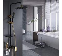 All-copper square black and gold button four-button set, retro bath shower column, with shelf for bathroom objects