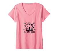All Dogs Go to My House Dog Lover Home Paw V-Neck T-Shirt, Women, Pink, M
