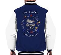 All+Every Chucky Im Chucky Wanna Play Quote Men's Varsity Jacket Navy/White