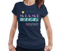 All+Every Miami Vice Logo with Sun and Palm Trees Women's T-Shirt Navy Blue