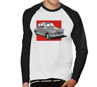 All+Every Morris Minor Red Background British Motor Heritage Men's Baseball Long Sleeved T-Shirt