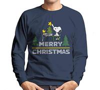 All+Every Peanuts Snoopy and Woodstock Decorating Xmas Tree Men's Sweatshirt Navy Blue