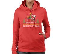 All+Every Peanuts Snoopy and Woodstock Decorating Xmas Tree Women's Hooded Sweatshirt Red